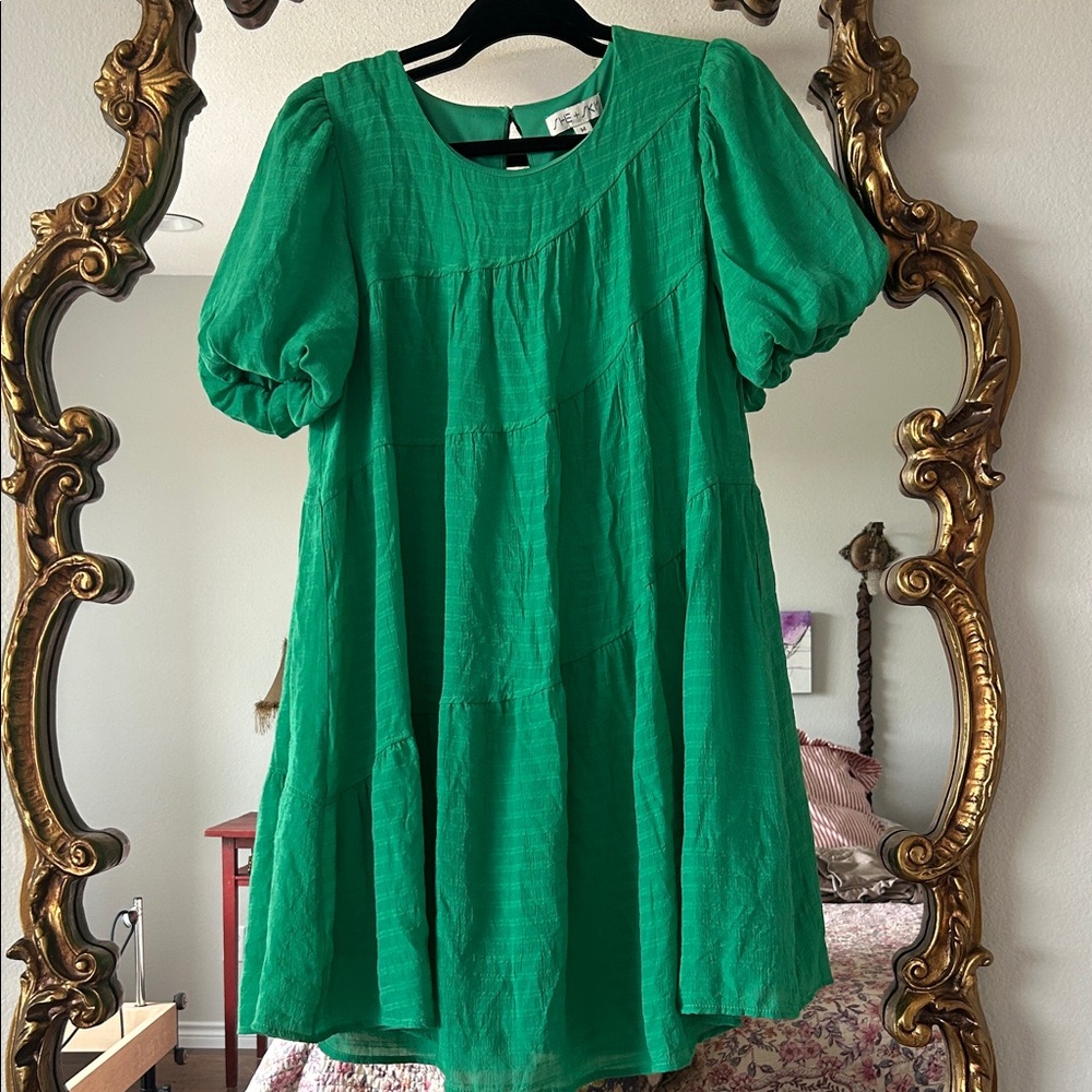 She Sky Emerald Green Puff Sleeve Tunic Dress